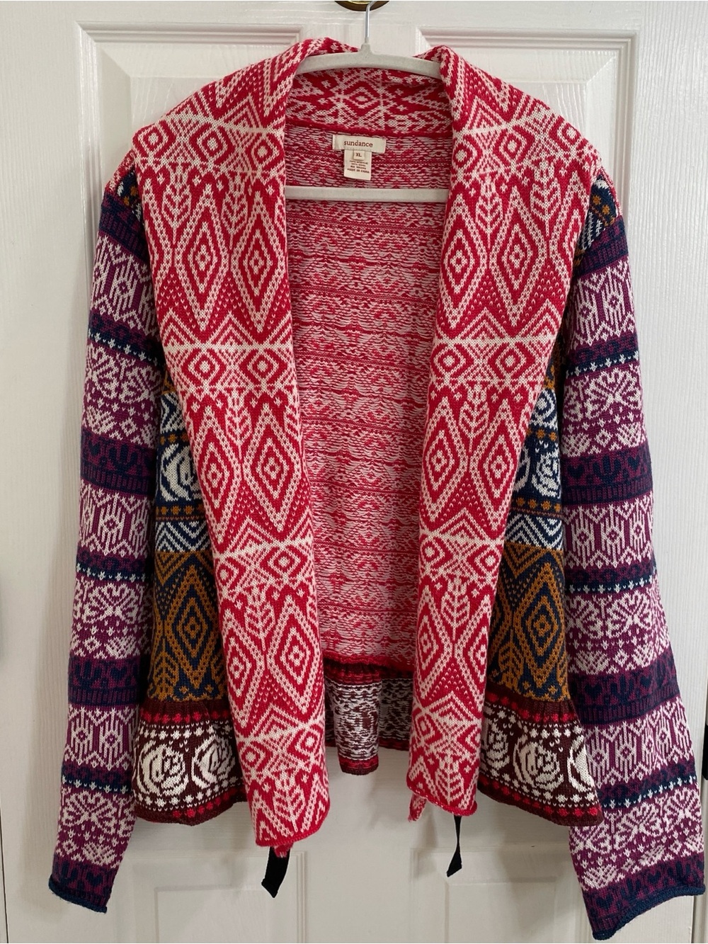 Sundance XL Fair Isle Wool Blend Cardigan Sweater Boho Nordic Open Front Red